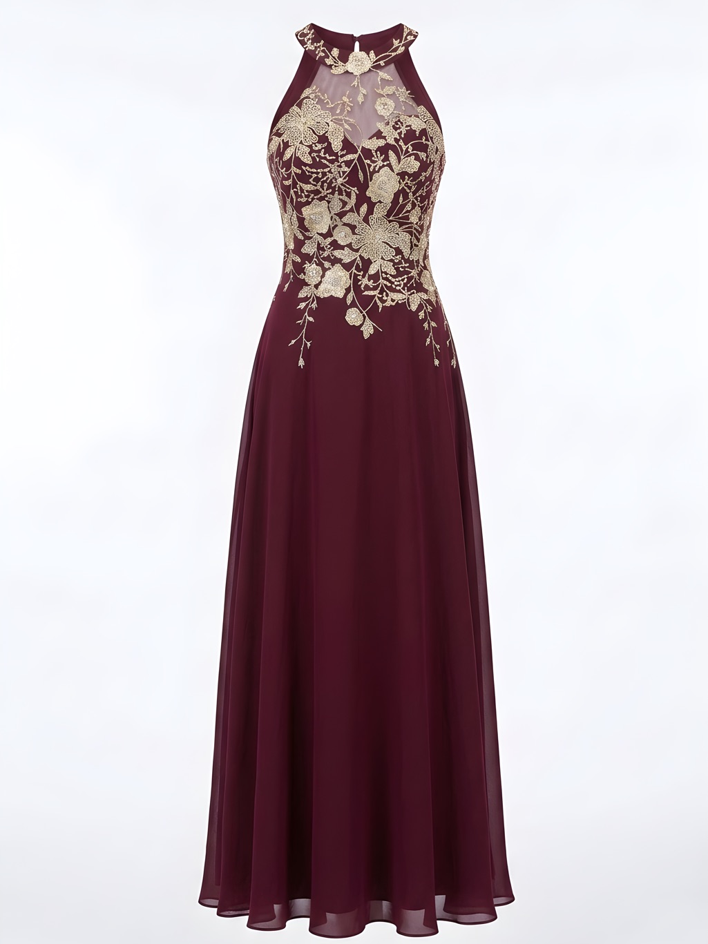 Betsy & Adam Wine Halter Gown With Gold Floral Appliqu
